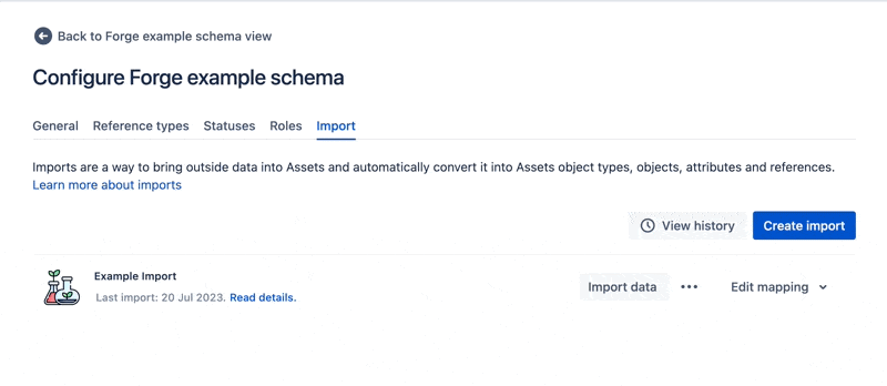 Assets import app backed by Forge Async Events runs when an user click 'Start Import' in Import tab.