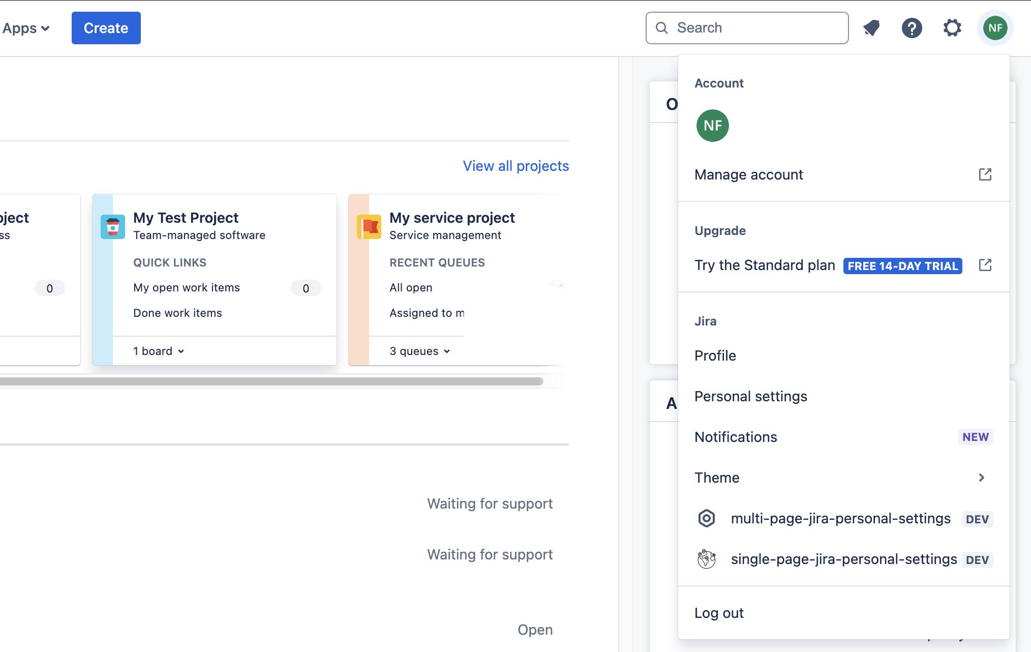 Personal settings pages navigation