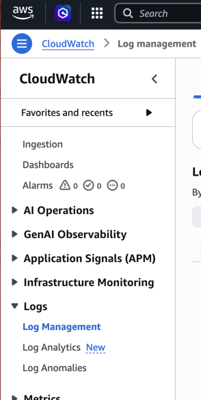 CloudWatch Log Management navigation