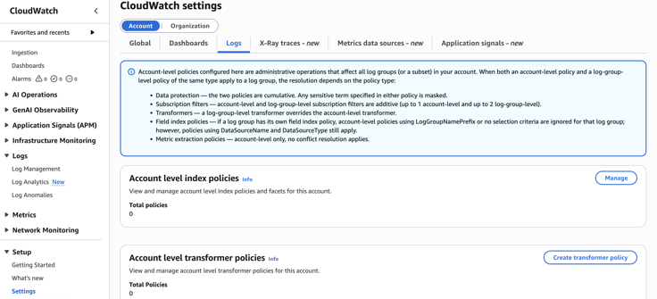 CloudWatch Settings Logs