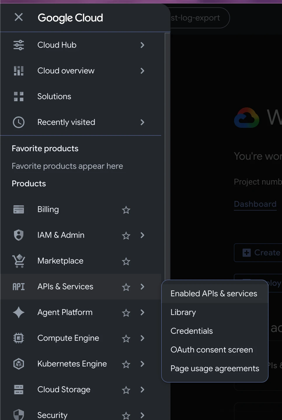 Google Cloud APIs and Services menu