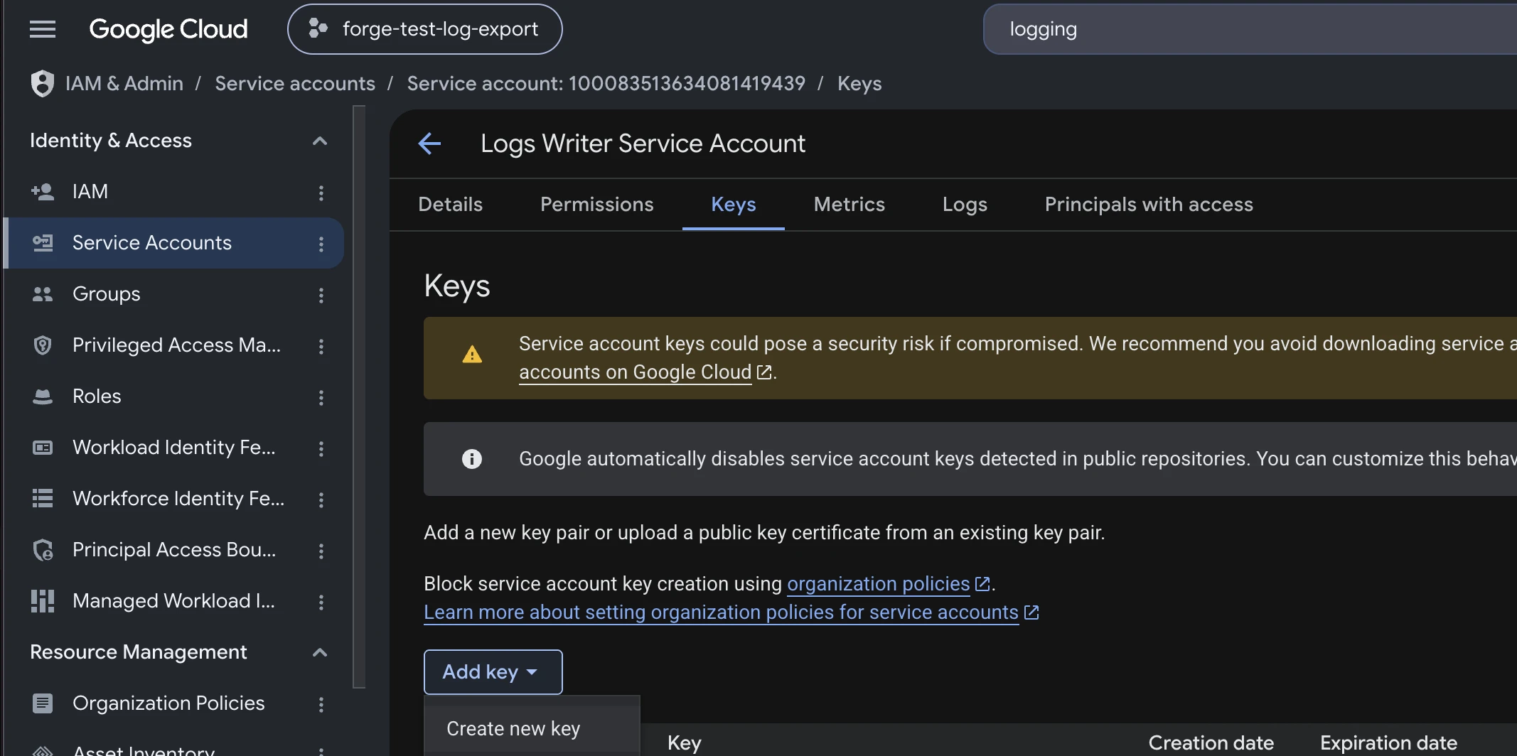 Create new key for service account
