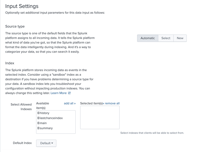 Splunk input settings