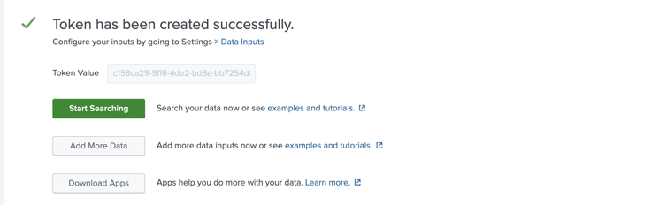 Splunk token created with Token Value