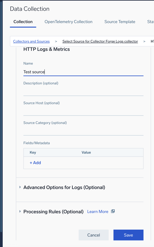 Sumo Logic HTTP Logs and Metrics form