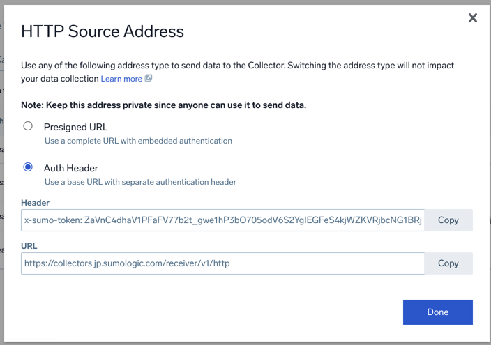 Sumo Logic HTTP Source Address Auth Header
