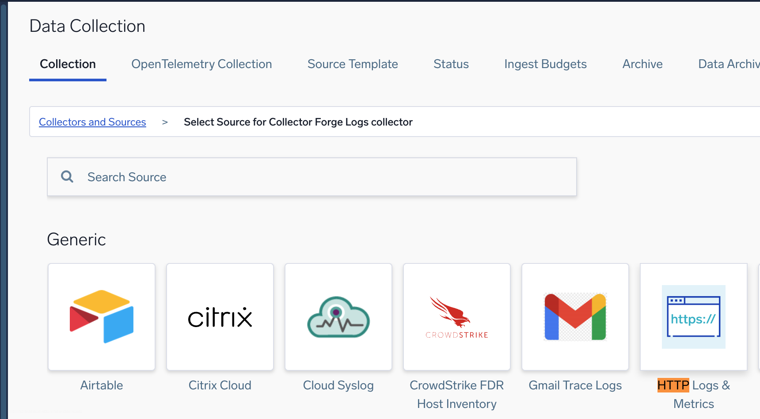 Sumo Logic select HTTP Logs and Metrics source