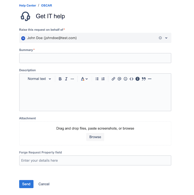 Example of a Portal request create property panel