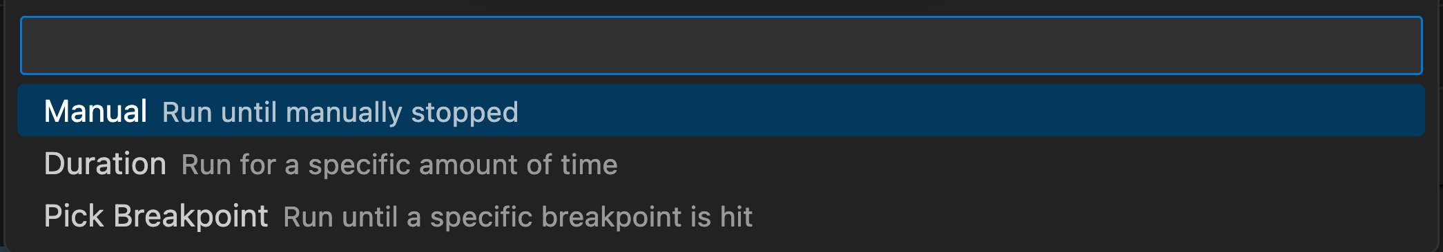 VS Code dropdown of how long to run CPU or Heap profile