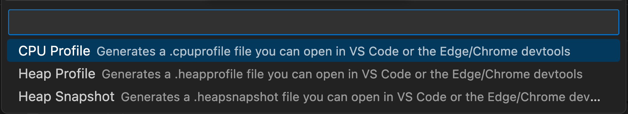 VS Code dropdown of different profile types