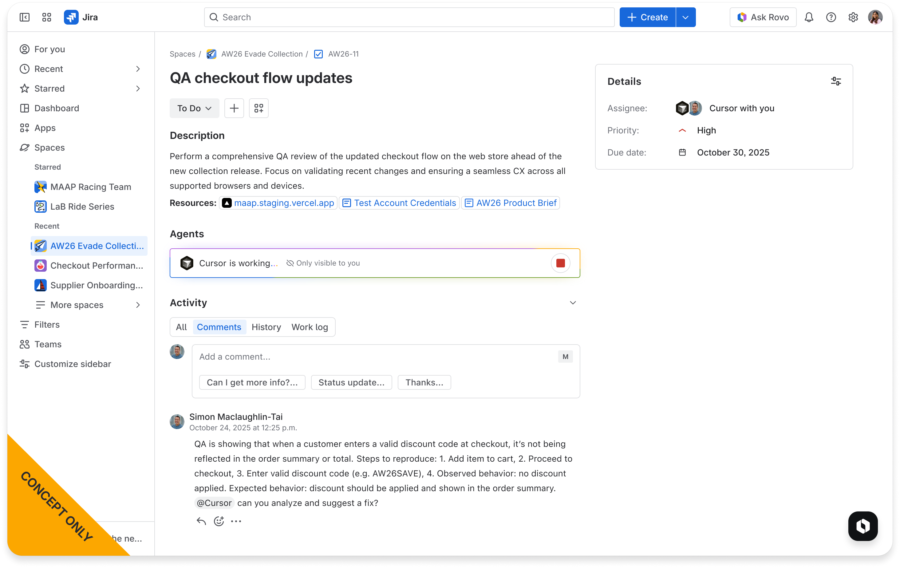 Agent's task status displayed in the Jira UI