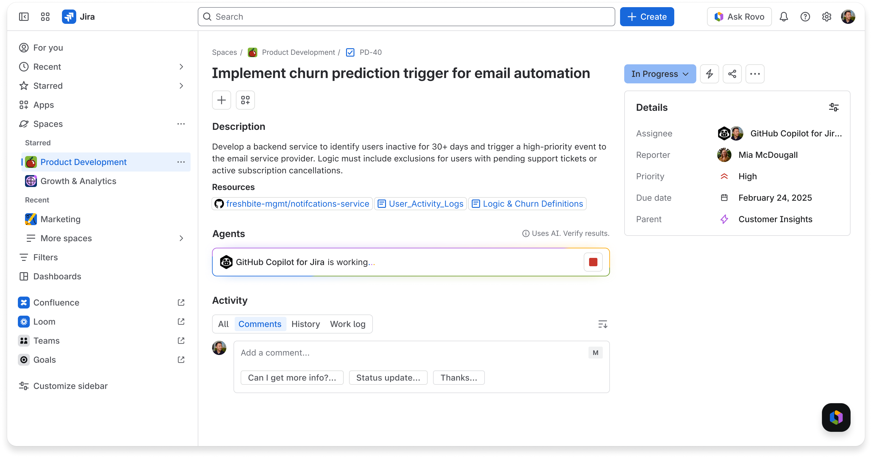 Agent's task status displayed in the Jira UI