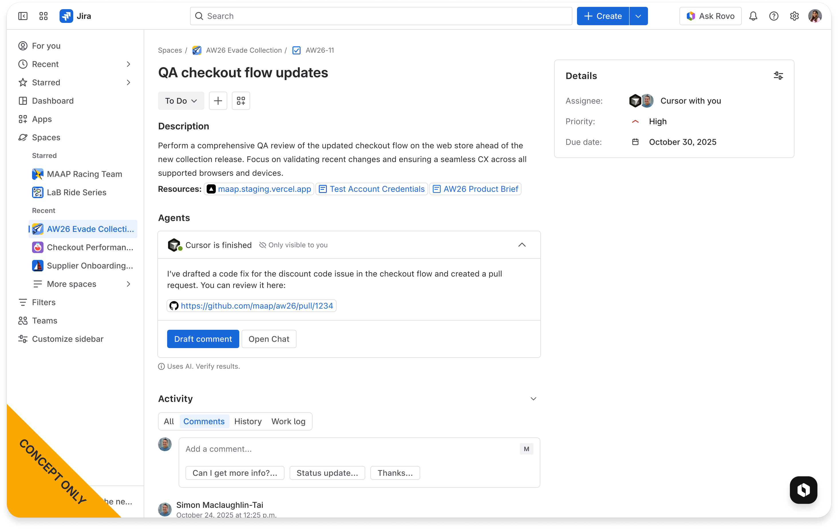 Agent returns task in "completed" status with prompt to draft a comment