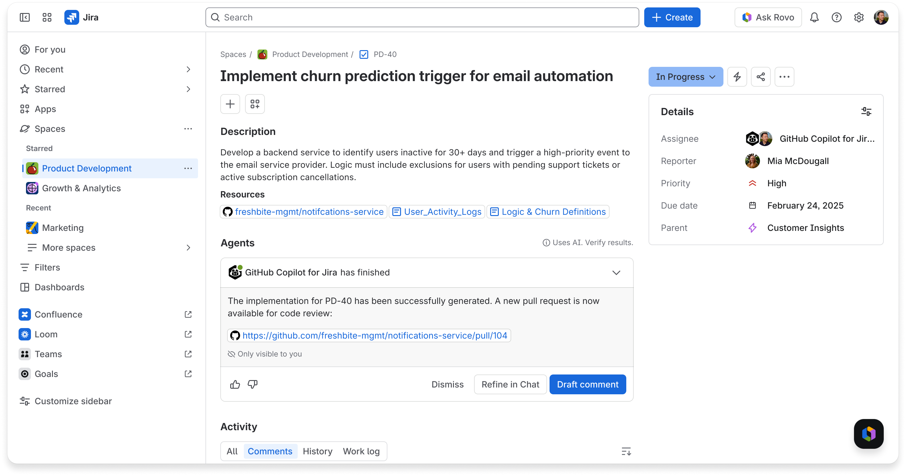 Agent returns task in "completed" status with prompt to draft a comment