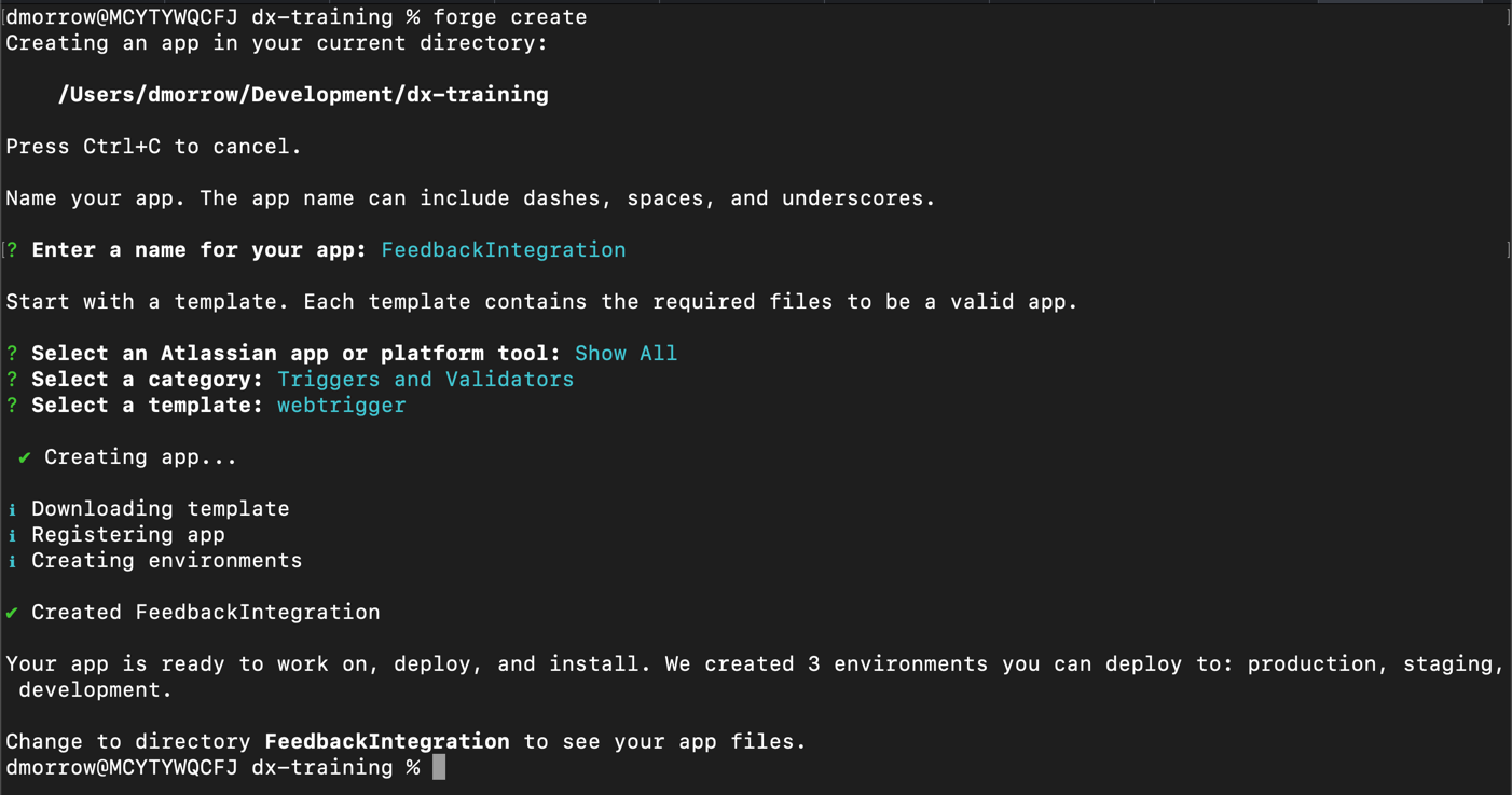CLI output after creating webtrigger template app