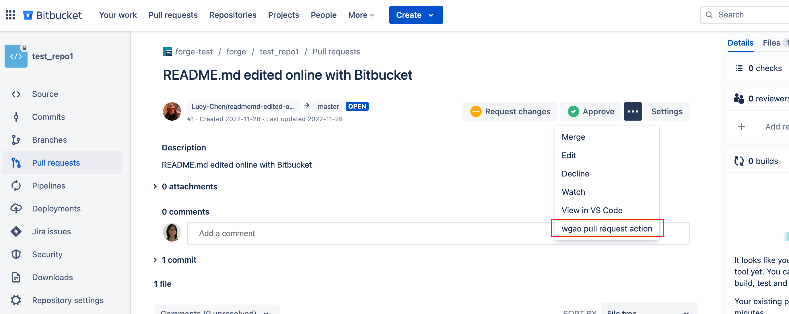 Example of a repository pull request action