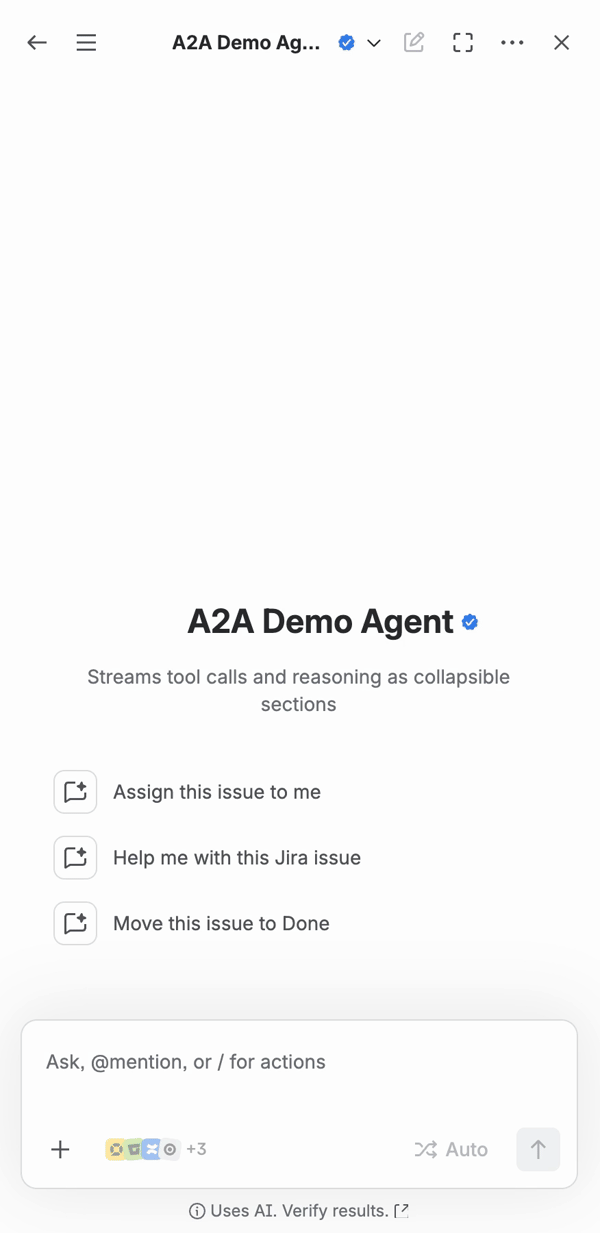 Example - An A2A agent streams a response with three collapsed sections