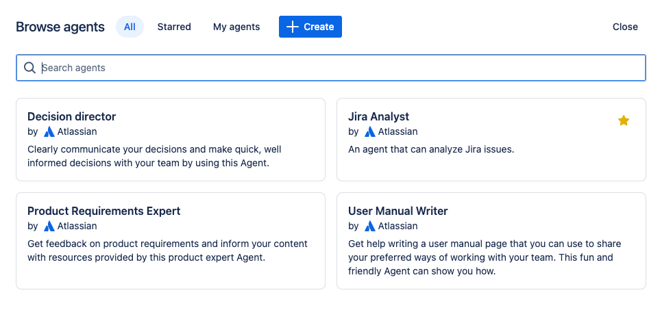 example of selecting Jira issue analyst Rovo agent app from the Browse agents window