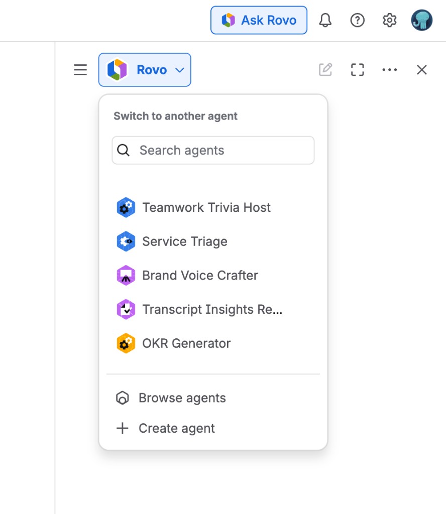 example of the Rovo agent selector