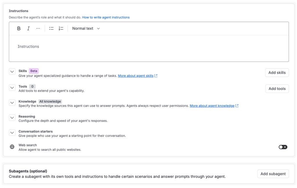 example of the create agent configuration screen