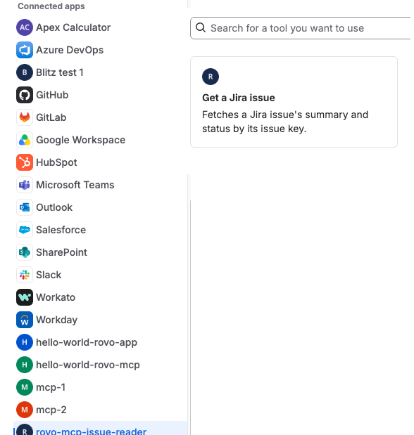 example of adding the Get a Jira issue tool exposed by your app
