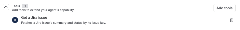 example of the agent with the Get a Jira issue tool added