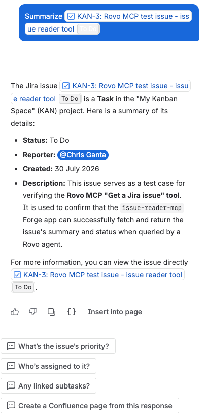 example of the agent replying with the Jira issue summary and status
