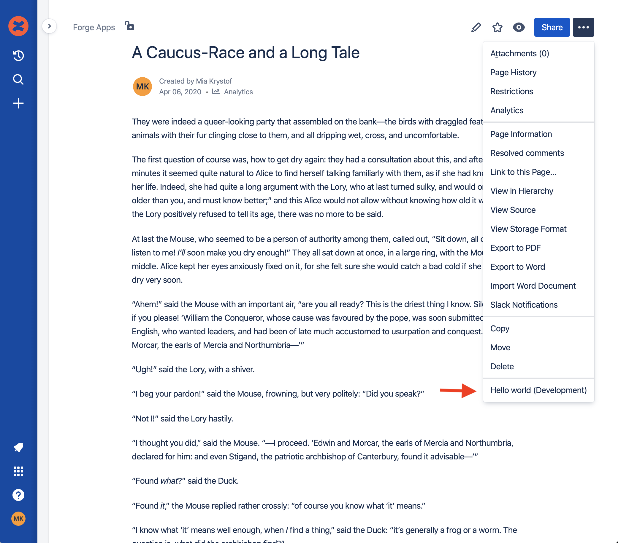 Example of a Content action button