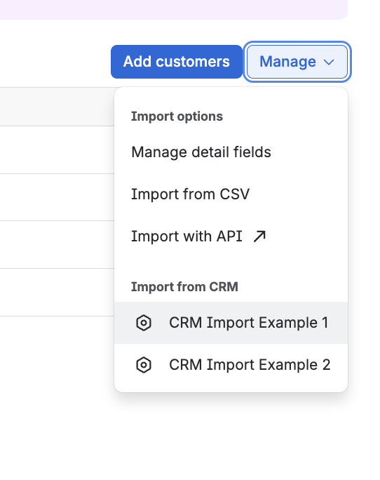Item under the Manage dropdown on the Customers page