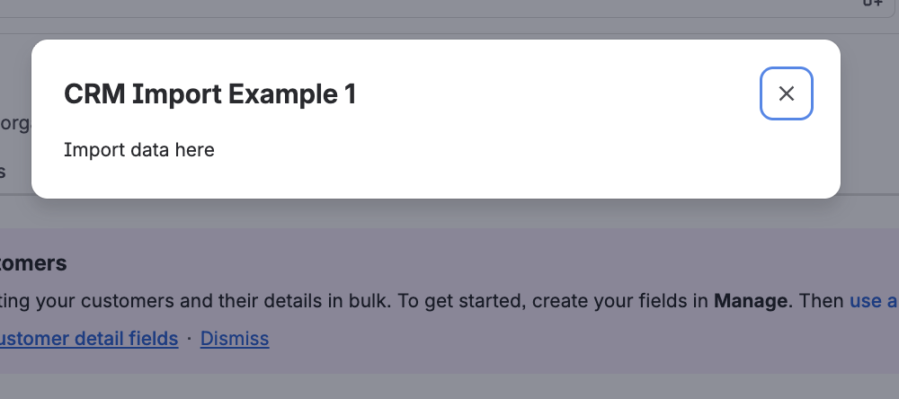CRM Import modal triggered from the Manage dropdown on the Organizations page