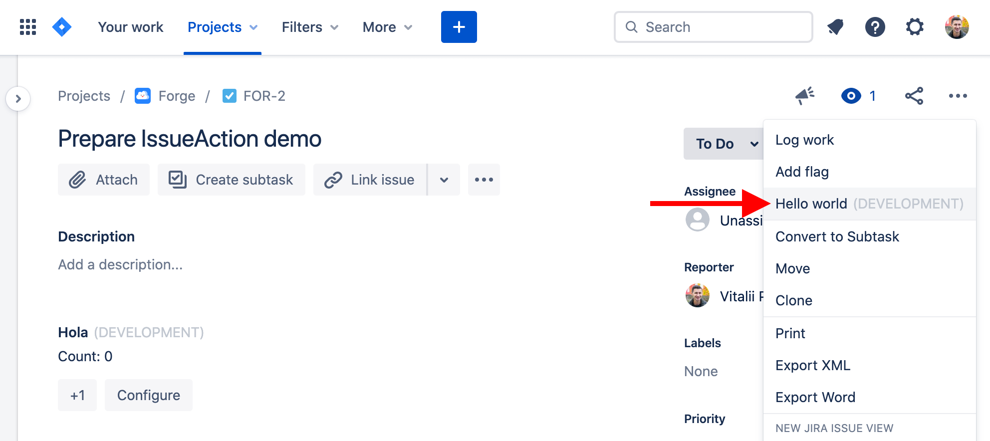 Example of an Issue action button