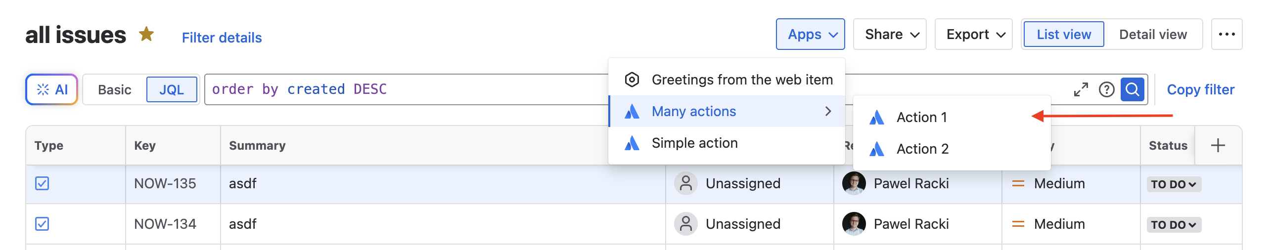 Example of an issue navigator action button