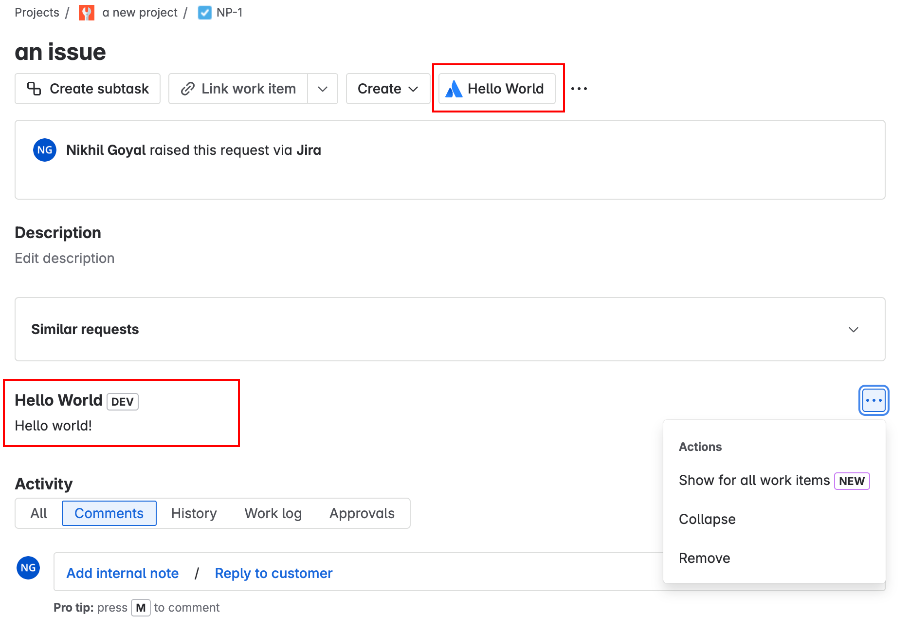 An issue panel showing in a Jira issue view