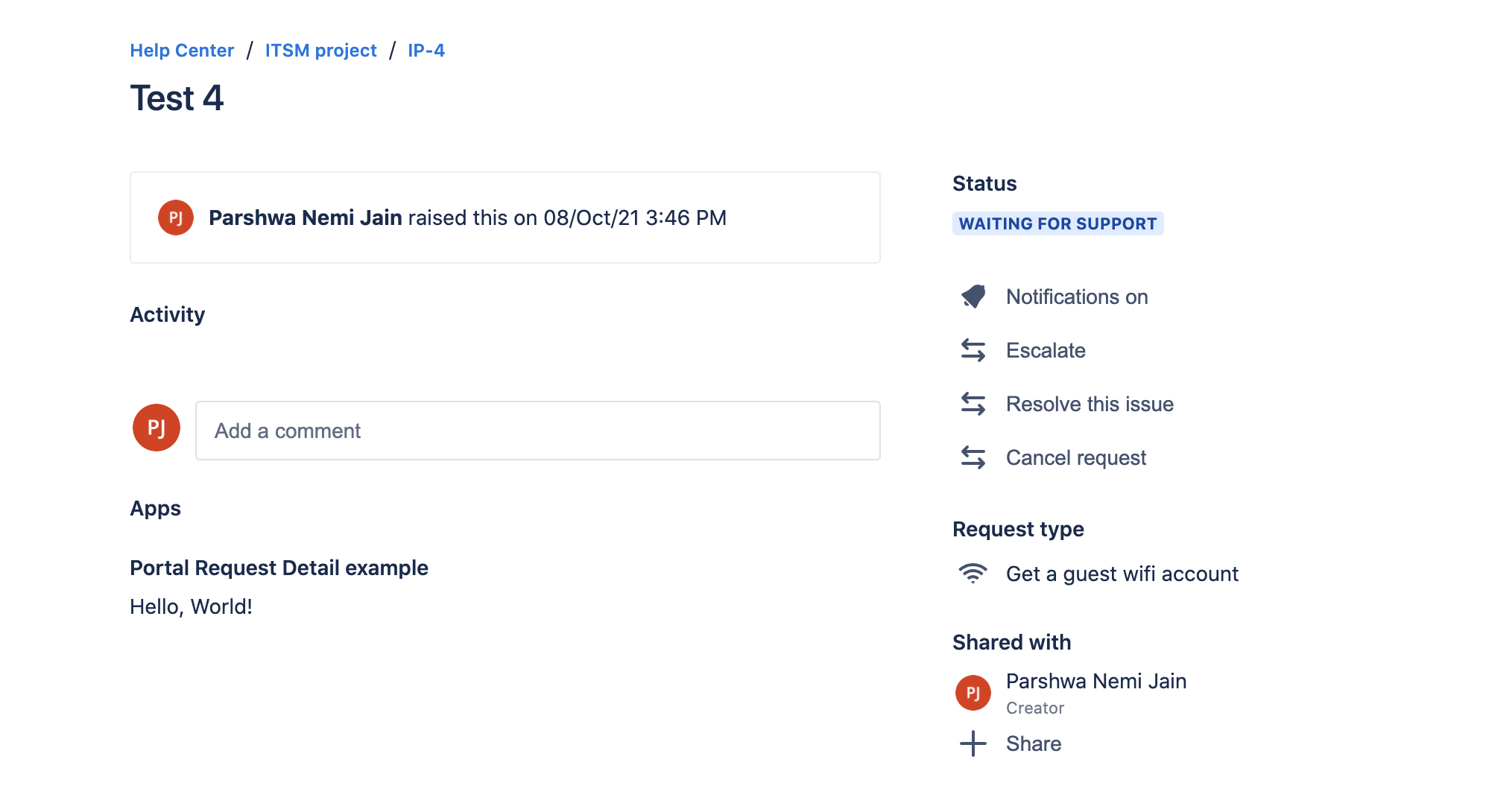 Example of a Portal Request Detail