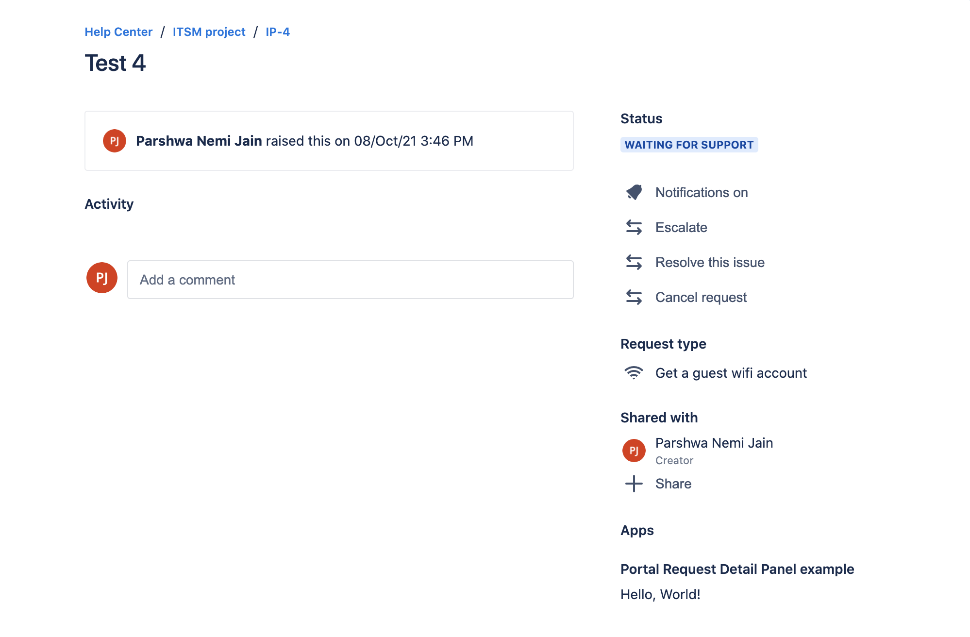 Example of a Portal Request Detail Panel