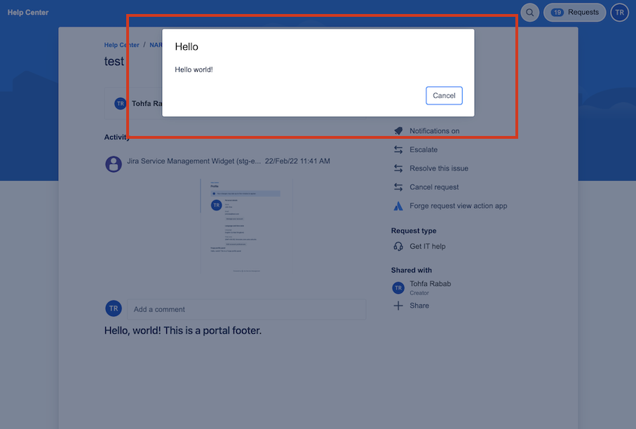 Example of a Portal request view with the above sample code