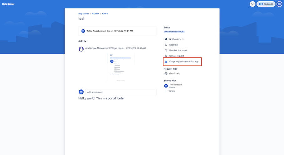 Example of a Portal request view action button