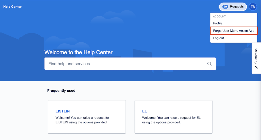 Example of a Portal user menu action button