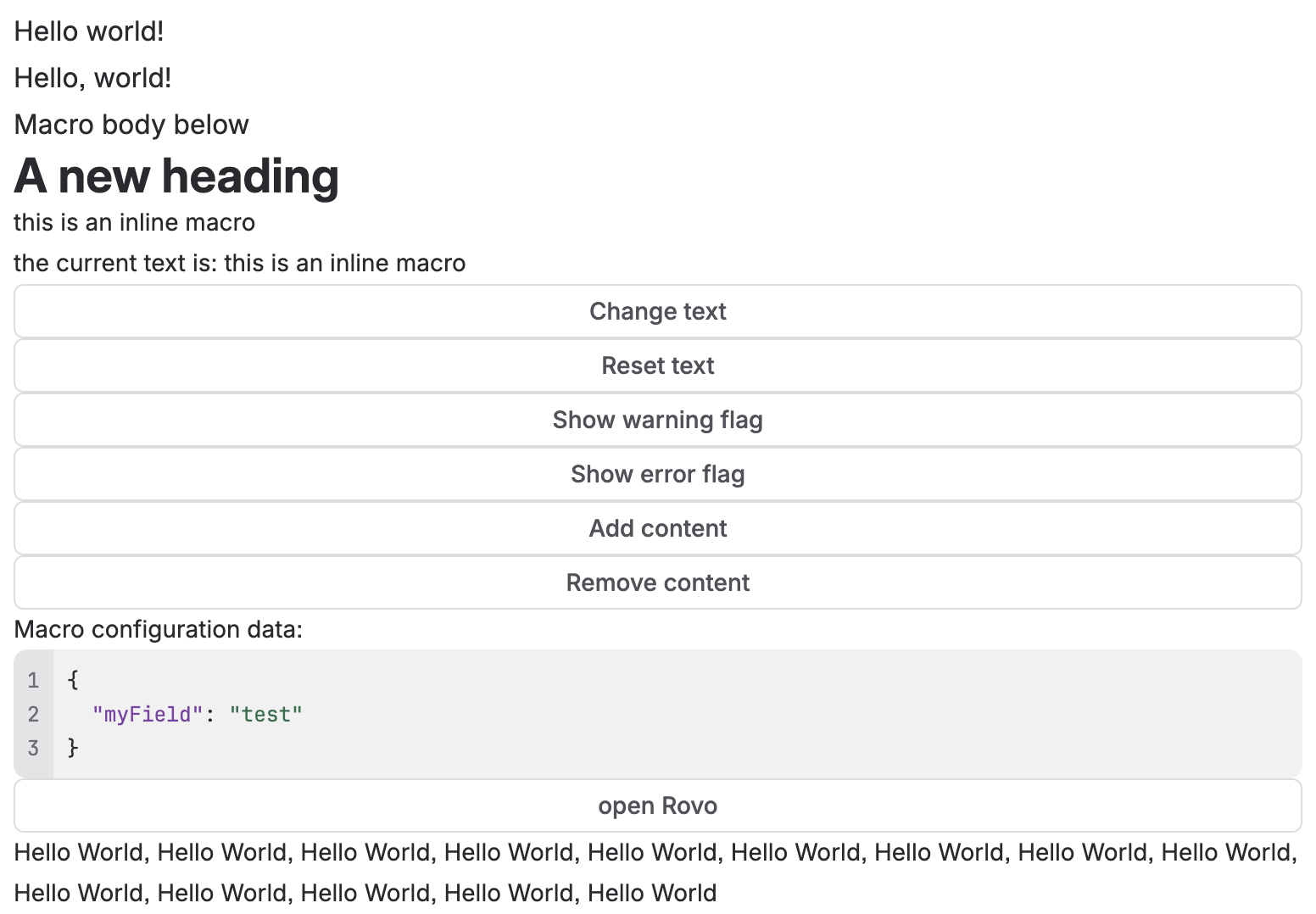Screenshot showing a UI Kit bodied macro with "Hello world!" text above and below the rendered macro body content