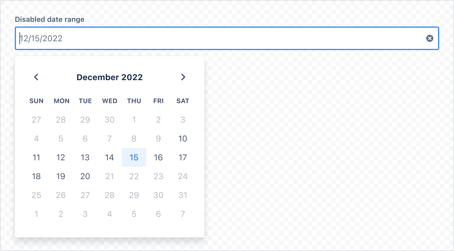Example image of a date picker with date range