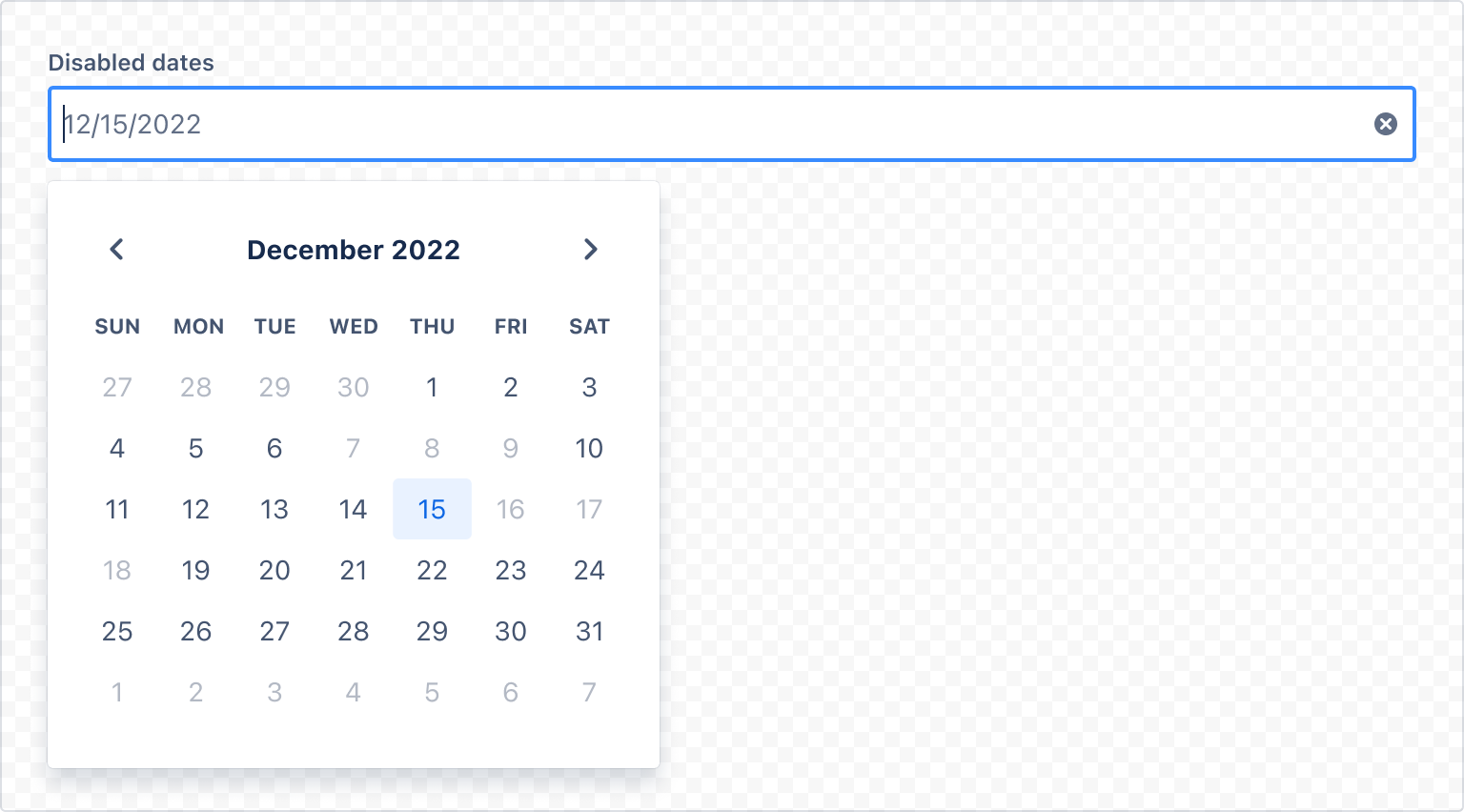 Example image of a date picker with date range