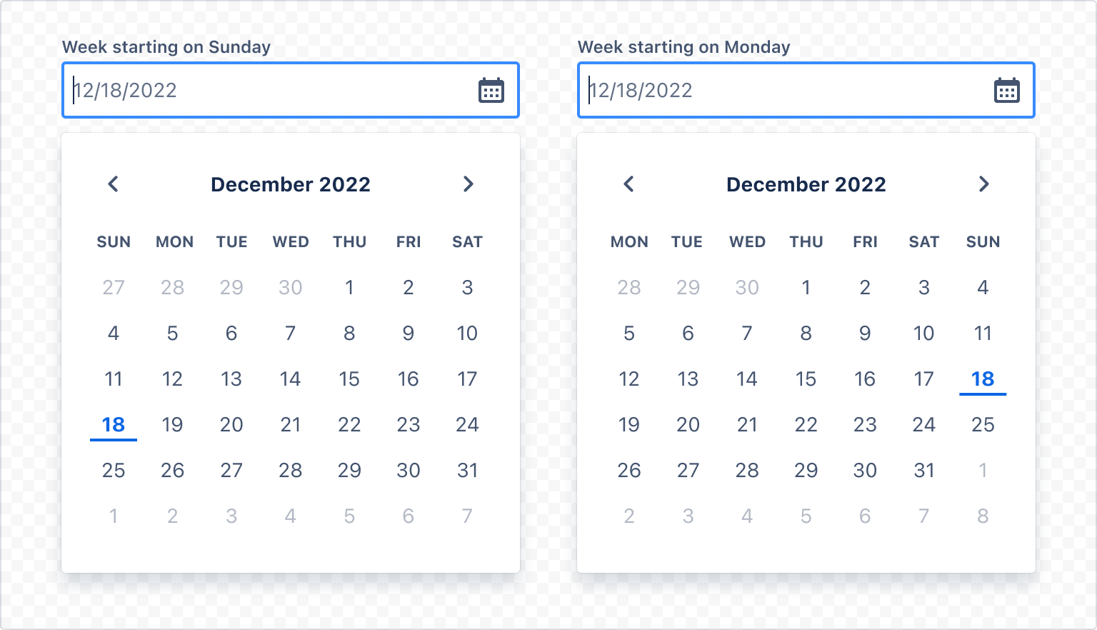 Example image of a date picker with alternative start day