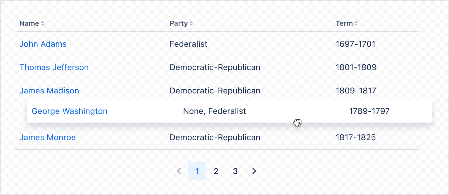 Example image of a rendered dynamic table with a row dragged out