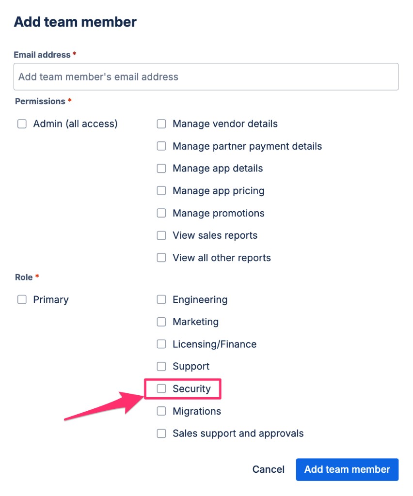 Add team member form with the Security role highlighted