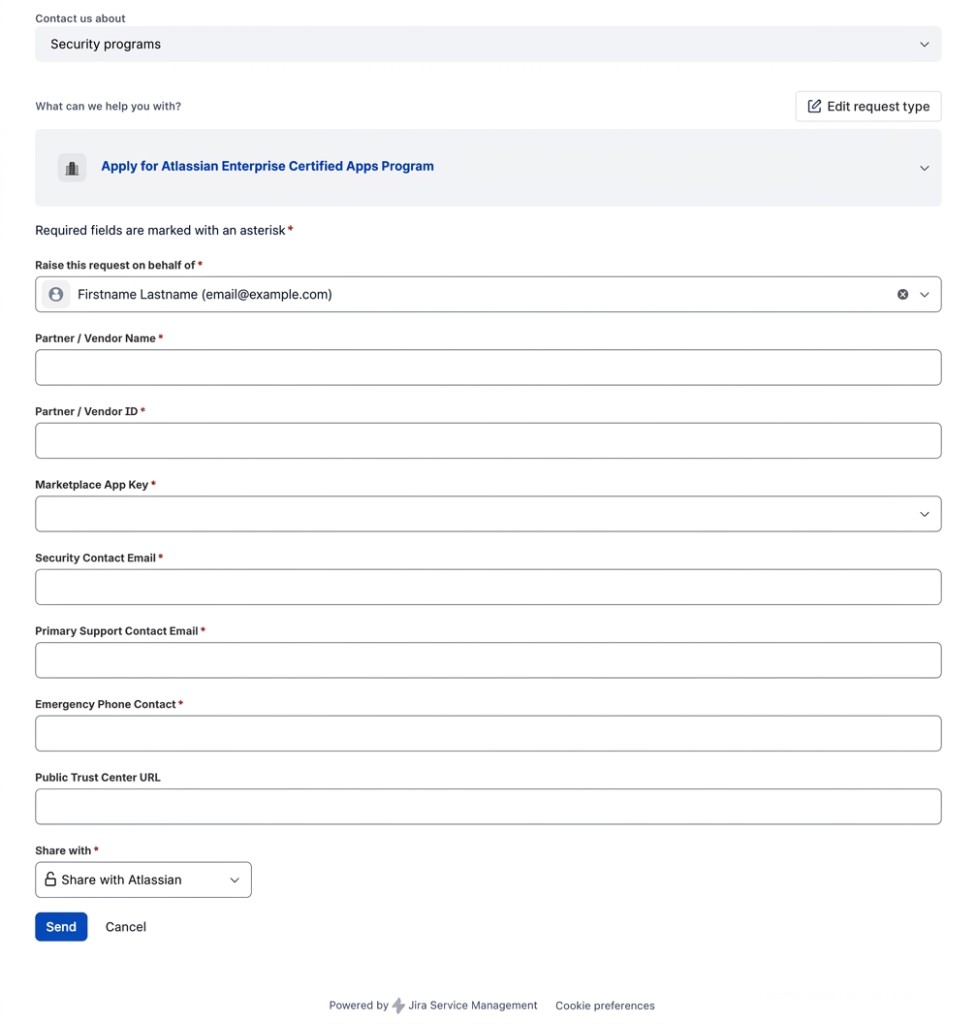 Developer Support portal form for applying to the Atlassian Enterprise Certified Apps Program