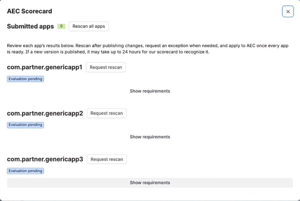 AEC Scorecard showing multiple submitted apps with individual rescan controls