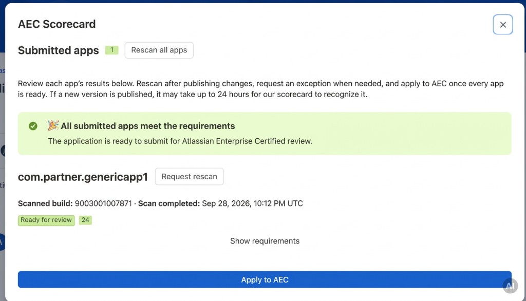 Completed AEC Scorecard showing that all submitted apps meet the requirements and the Apply to AEC button is available