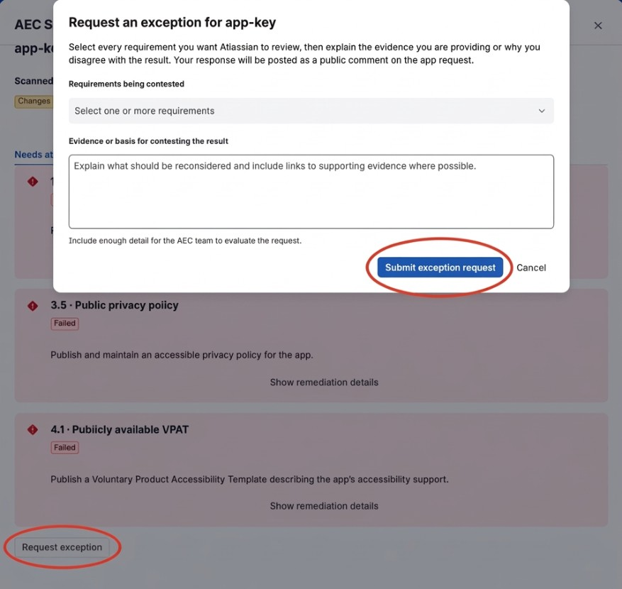 AEC Scorecard exception form showing requirement selection, supporting evidence, and the Submit exception request button