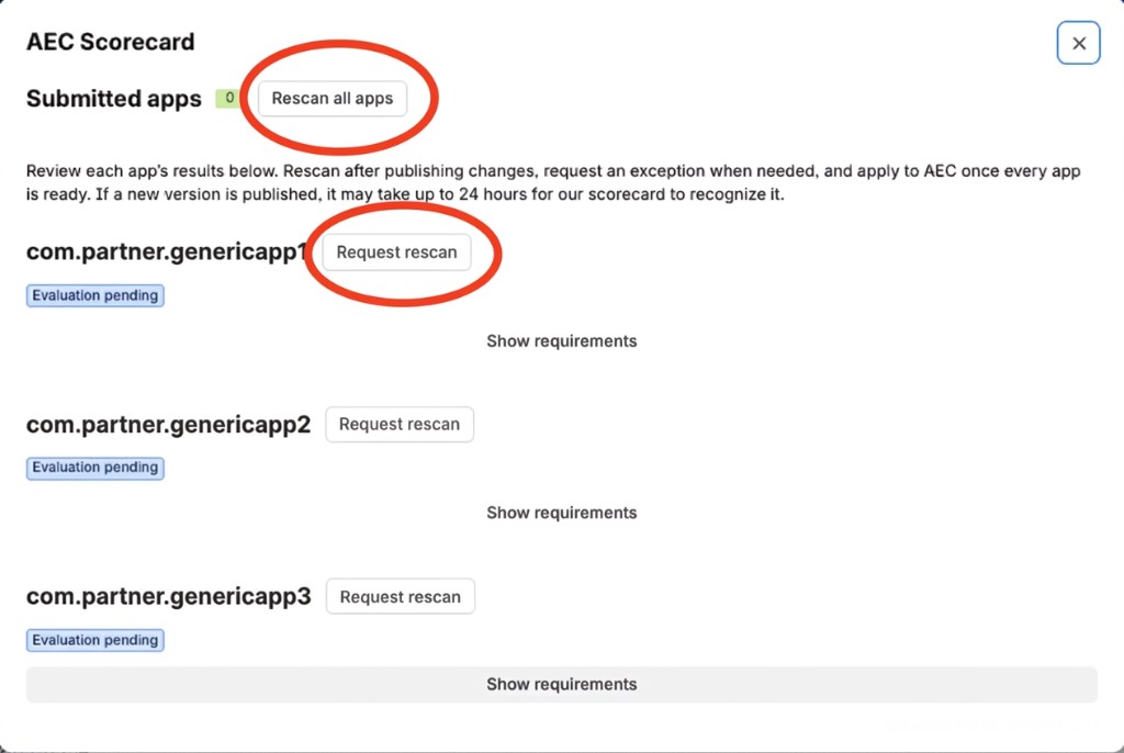 AEC Scorecard with the Rescan all apps and individual Request rescan controls highlighted