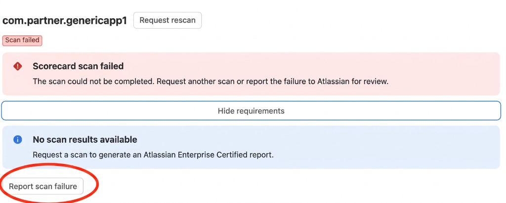 AEC Scorecard showing a failed scan and the Request rescan and Report scan failure actions